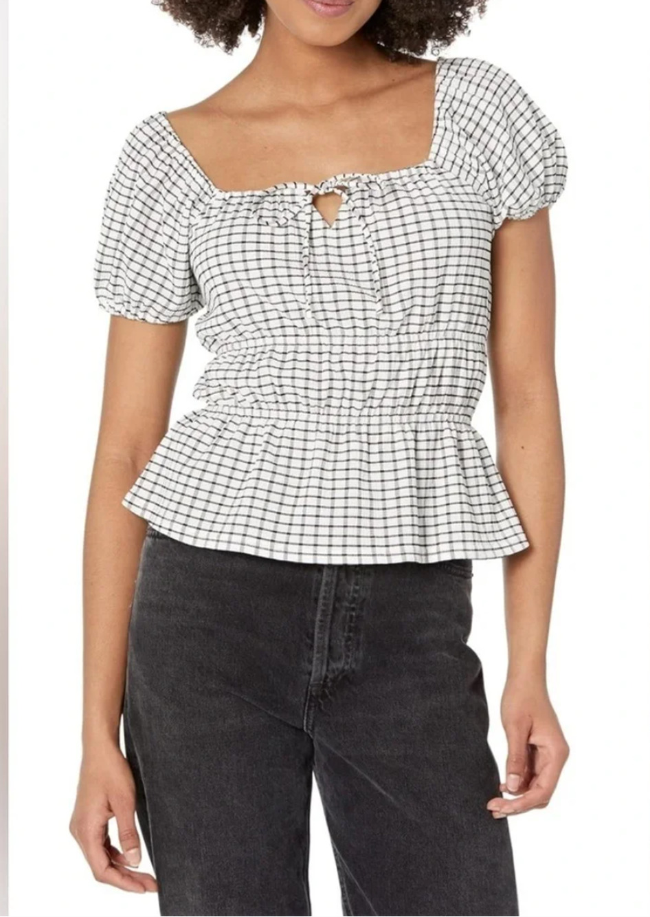 MADEWELL Omaha Top Women's Black White S Gingham Check Peplum Puff Sleeve NWT$65